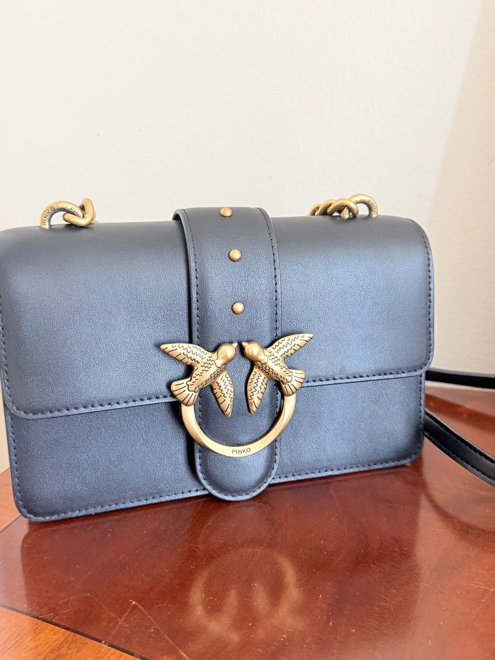 Pinko Black Leather Shoulder Bag with Gold Love Birds Hardware